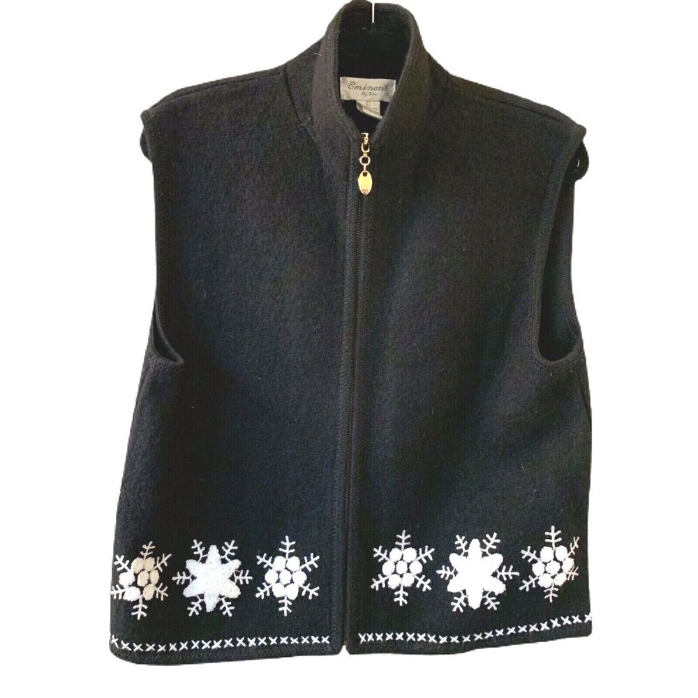 Vtg Boiled Wool Snowflake Embroidered Vest Eminent by Lisa Black Winter Lg READ